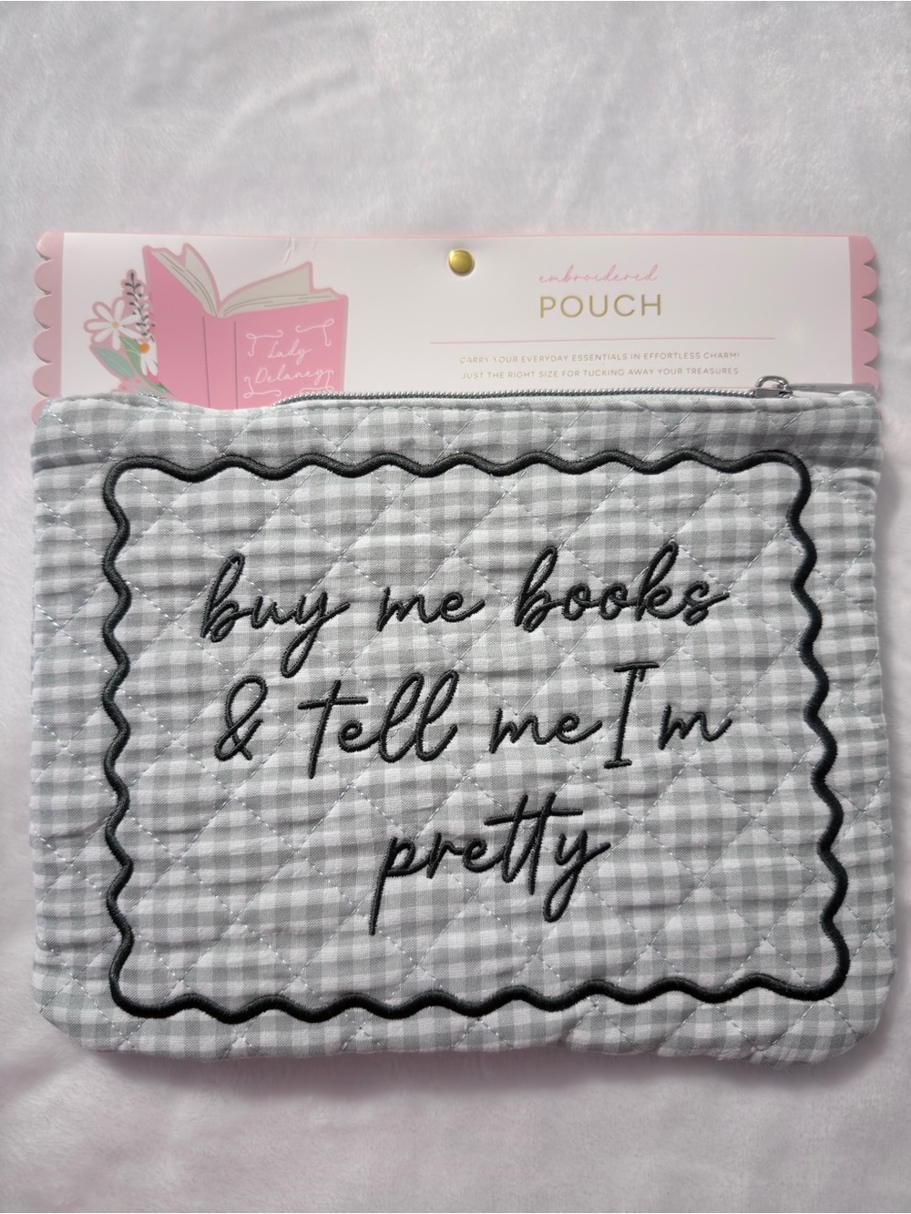 Embroidered Gingham Pouch - 'buy me books & tell me I'm pretty' - Green